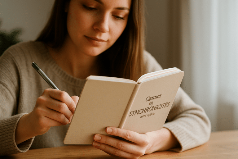 Image d'un carnet de synchronicités ouvert, montrant des entrées manuscrites détaillant des événements significatifs et leurs connexions, illustrant l'efficacité d'un journal pour suivre les synchronicités pratiques.